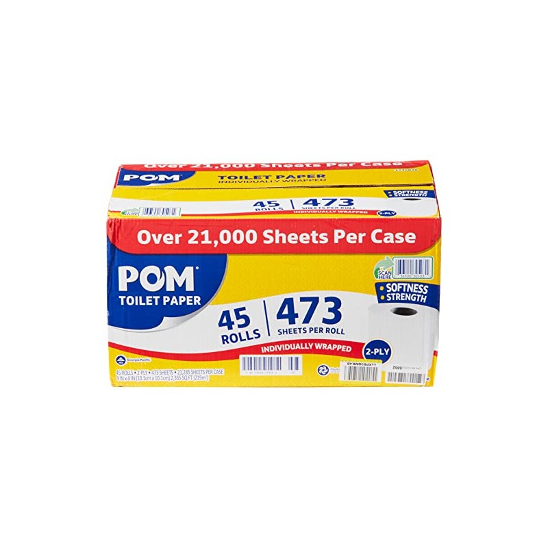 POM Pom Embossed 2-ply Toilet Paper, White, 45 Rolls, 473