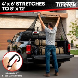 Cargo Net for Pickup Truck Bed (4'x6' Stretches to 8'x12') Double Thick Heavy Duty Pickup Truck Bed Organizer Accessories - 12 Metal Carabiners, Bungee Mesh Accessory with Strap Hooks