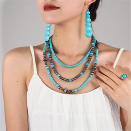 QLYOVWE Navajo Pearl Layered Necklace for Women Boho Turquoise Beaded Choker Necklace Retro Tribe Western Cowgirl Country Jewelry Gift Fashion Accessories (Turquoise 002)