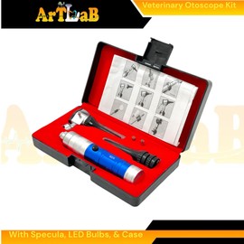 Blue Handle Veterinary Otoscope Set with Specula, Extra LED Bulbs, and a Hard Storage Case - Animal Ear, Nose, and Throat Examination