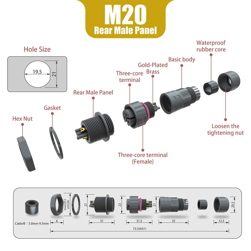 AOHUA IP68 Waterproof Connector (4-Pack), M20 2-Pin Industrial/Aviation Connector, (300V/15A)