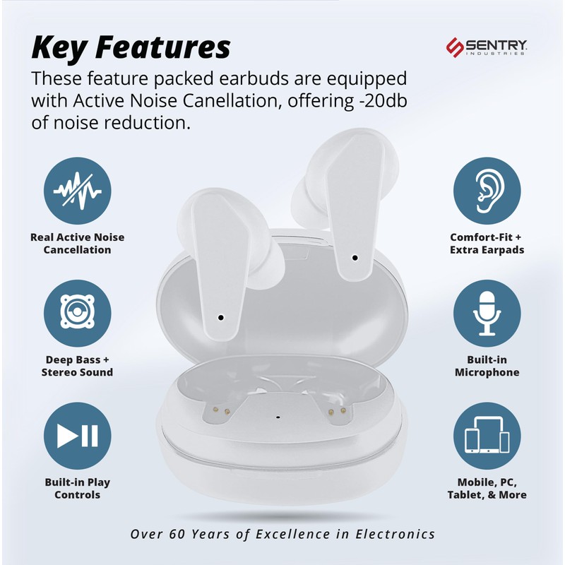 SENTRY OSE Wireless Stem Earbuds, Active Noise Canceling, -20 dB
