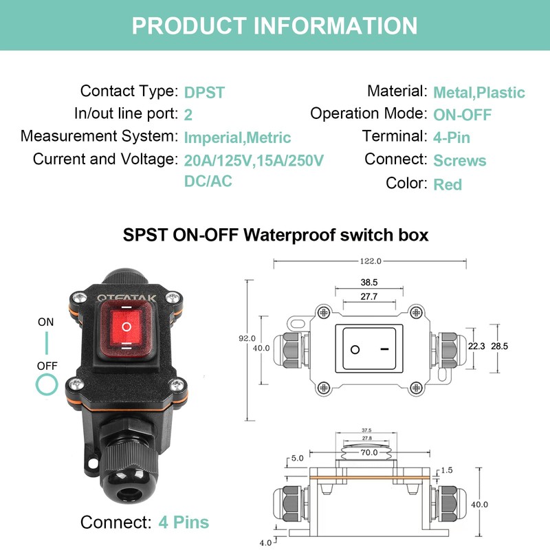 Inline Cord Switch DPST AC/DC 20A-125V,16A-250V,30A-24V,35A-12V, IP66 Waterproof (On)-Off-(On) with