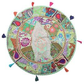 Stylo Culture Indian Floor Pillow Cushion Cover Vintage Patchwork Boho Seating Parrot Green Large 32x32 Decorative Bohemian Round Hassock Pouffe Cover Footstool Cotton Embroidered 1 Pc