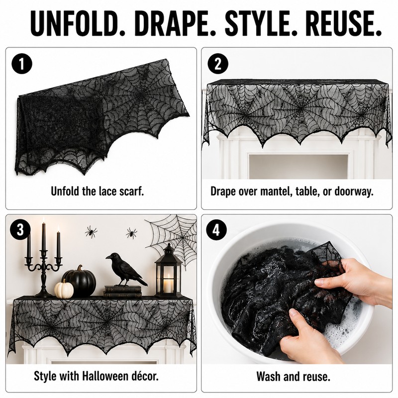 Black Lace Spider Web Mantel Scarf for Halloween – 18