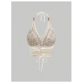 SHENHE Women's Open Back Knitted Halter Crop Top Tie Backless Embroidered Hippie Top Apricot Medium