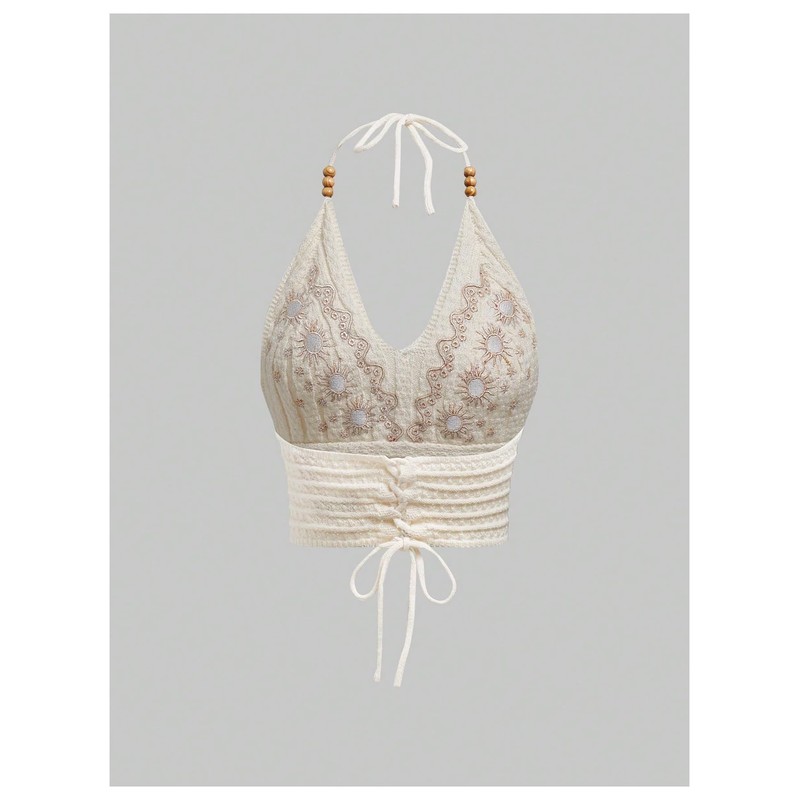 SHENHE Women's Open Back Knitted Halter Crop Top Tie Backless