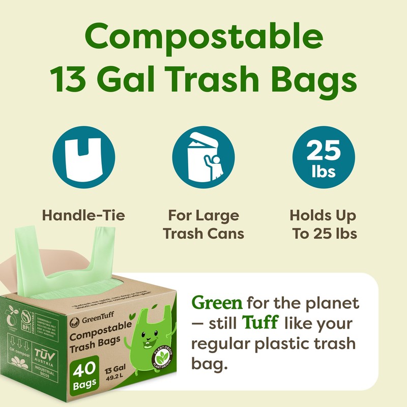 13 Gallon Compostable Trash Bags (40 Count) — Leakproof Plant-based
