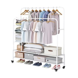 LINZINAR Garment Rack for Hanging Clothes Rack Heavy Duty Portable with Bottom Metal Shelf Drying Coats Shirt【A001】 - Color: white