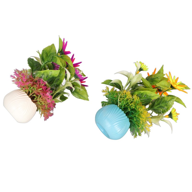 2pcs Artificial Aquarium Plants Silicone Flowers Reusable Resin Pots Fish