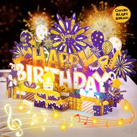 Birthday Card | Musical Pop Up Birthday Cards w Light | Blow Out LED Light Candle & Play Happy Birthday Music Pop Up Card | Greeting Cards Gifts for Him or Her | Purple Gold (Blowable Candle)