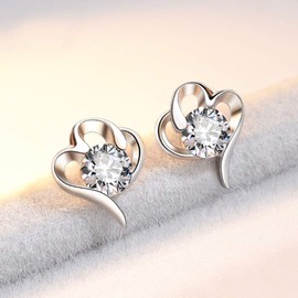 Shuxin Silver Stud Earrings for Women, 925 Sterling Heart Stud Earrings, with White AAA Cubic Zirconia, Hypoallergenic Jewellery for Sensitive Ears, Suitable for Women Girls Children