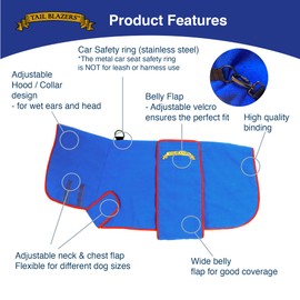 TAIL BLAZERS™ Super Absorbent Dog Drying Coat. Double Layer Microfibre Dry Robe with Car Safety D Ring. Towel Robe Pet Dryer Keep Dogs Dry and Warm. Camping and Beach Accessories. Machine Washable. S