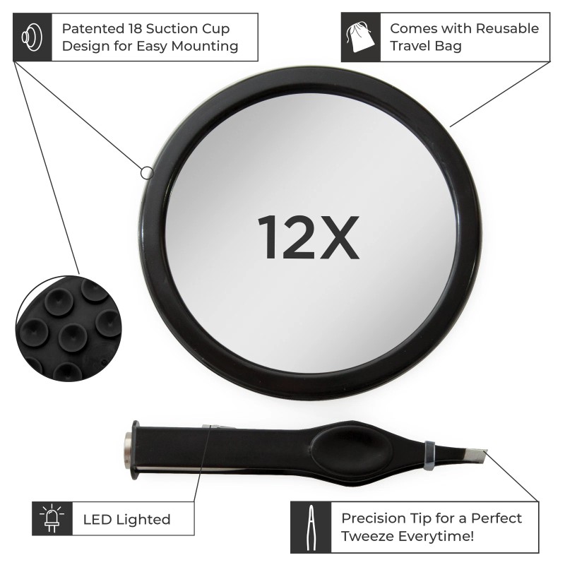 Zadro Compact Mirror with 12X Magnification & Lighted Tweezers Combo