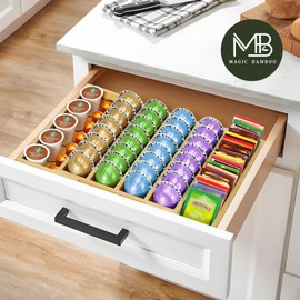 Bamboo Coffee Pod Holder Drawer – K Cup Organizer Compatible with Nespresso Vertuo Capsules, Holds 25-45 Pods – Stylish Storage for Coffee Station, Home Office, and Kitchen