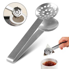 Tea Bag Tongs, 2Pcs Handy Tea Bag Squeezer Stainless Steel Round Metal Kitchen Tongs with Solid Plate and Strainer-Type Plate
