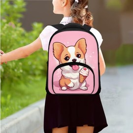 Oamsistay Cute Corgi Kids Backpack Set 3Pcs with Lunch Box Pencil Case School Backpack Lightweight Casual Daypacks for Elementary Primary Middle School Bookbag