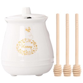 Bootoow Classic White Ceramic Honey Pot 300 ml x 3, 9 x 9 x 12 cm, with Lid and Honey Spoon, for Kitchen and Living Room, Honey and Syrup Storage