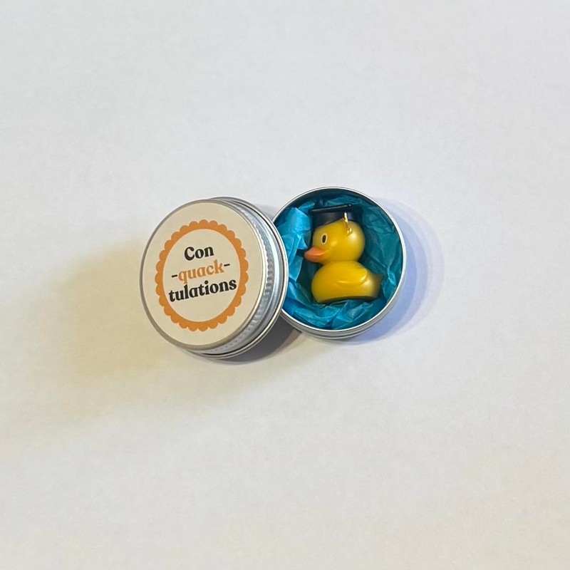 'Con-quack-tulations' graduation gift | Cute minitature plastic duck wearing grad