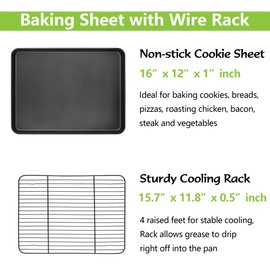 E-far Nonstick Baking Sheet with Rack Set, 16 x 12 x 1 inch Large Cookie Sheet Baking Pan with Cooling Rack for Oven, Commercial Grade & Non-Toxic, Easy to Clean