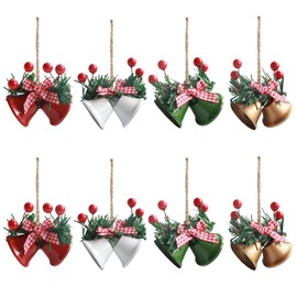 Pack of 8 Christmas Tree Bells, Christmas Bells Decoration, Large Metal Christmas Tree Decoration Bells with Bows, Artificial Holly Metal Bells, for Christmas Tree, Window, Door