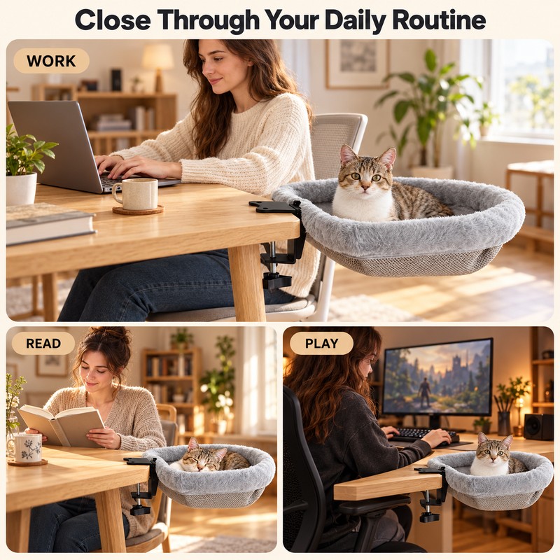 Cat Desk Bed for Indoor Cats – Folding Desk-Mounted Hammock