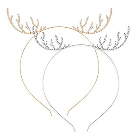 2PCS Christmas Rhinestone Reindeer Antler Headband Xmas Party Hairband Cosplay Hair Hoop Gold + Silver