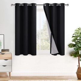 XWZO 100% Blackout Curtains 45 Inches Length with Tiebacks- Full Shade Window Drapes Thermal Insulated Double Layer with Black Liner for Small Short Windows, Grommet Top, Black, W38 x L45, Set of 2