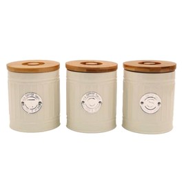 Sifcon International plc 3 x Retro Vintage Classic Enamelware Kitchen Canisters - Round TEA/COFFEE/SUGAR Caddy/Storage Tins with Wooden Lid - CREAM/SILVER - 14 cm