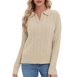 Urban CoCo Womens Cable Knit Sweaters Long Sleeve V Neck Pullover Polo Sweater Tops 2024 Winter Trendy Outfits(Apricot, M)