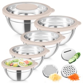 TeamFar Mixing Bowls, Stainless Steel Salad Serving Bowl with Clear Lids & 3 Graters, For Kitchen Cooking Prepping Storing, Size 4.6/2.6/1.5/1/0.7 QT, Nesting & Airtight, Set of 5 & Khaki