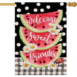 Baccessor Summer Watermelon House Flag Double Sided Buffalo Plaid Dot Welcome Sweet Friends Yard Flag Burlap Vertical Seasonal Farmhouse Yard Outdoor Decoration 28 x 40 Inch