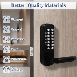 Souyou Mechanical Keyless Entry Door Lock with Handle，Stainless Steel Waterproof Keyless Gate Locks for Outdoor Fence，Mechanical Door Locks with Keypad (Black)