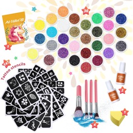 Kit de tatuajes con purpurina, juego de tatuajes temporales de 30 colores para niñas, 147 plantillas, 4 pinceles, 2 pegamentos, tatuajes con purpurina para niños o adultos, para niñas y niños,