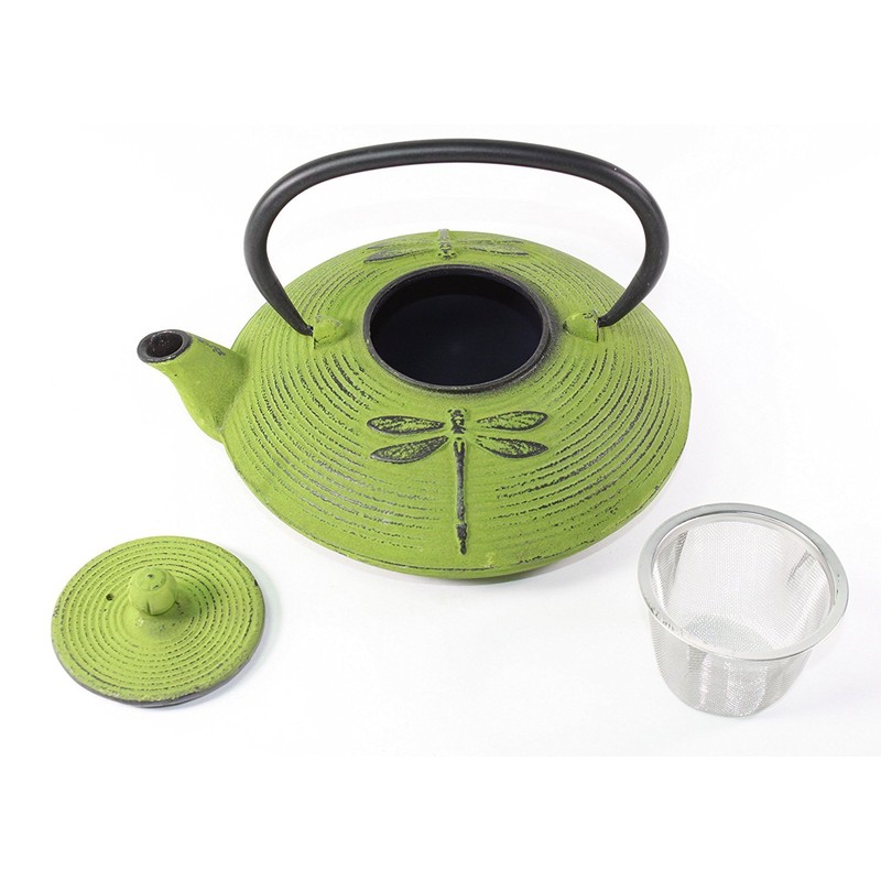 Japanese Antique 27 Fl Oz Green Dragonfly Cast Iron Teapot