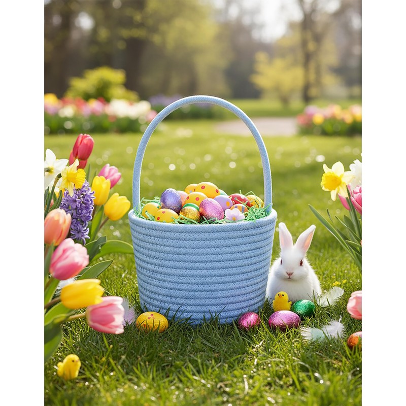 Prudance 6" x 5" Small Cotton Rope Basket with Handle,Blue,Favors