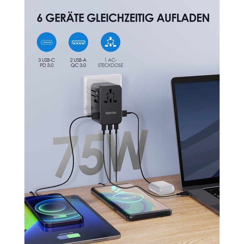 EPICKA 75W GaN Travel Adapter with 3 USB-C and 2