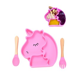 Plato de Bebe de Silicona con Cubiertos, Forma de Unicornio con Ventosa Adherible, Libre de BPA