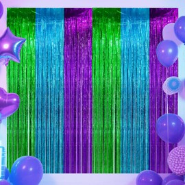 2 Pack Purple Blue Green Tinsel Backdrop Streamers, Video Game Birthday Party Decorations Monster Inc Shiny Foil Fringe Curtains for Boys Gamer Fans Photo Booth Prop Wall Decor