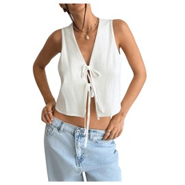 GORGLITTER Sleeveless Bow Tie Front Tops for Women Y2k V Neck Open Front Vests Fashion Dressy Beige Medium