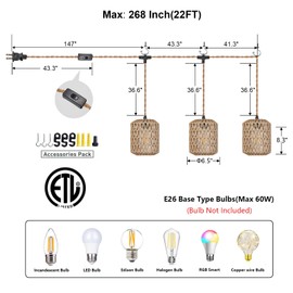 ALAISLYC 3 Lights Plug in Pendant Light with Cord On/Off Switch Rattan Hanging Lamp with 22ft Hand Woven Wicker Plug in Chandelier Boho Hanging Lights Fixture for Bedroom Kitchen Hallway Foyer