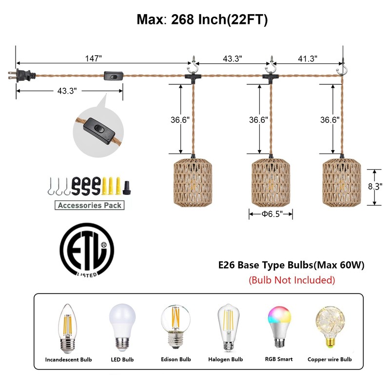 ALAISLYC 3 Lights Plug in Pendant Light with Cord On/Off