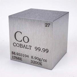 Cobalt (Co) Scientific Cube from 25.4mm side and 144.5 grams. Displays recorded data on chemical elements