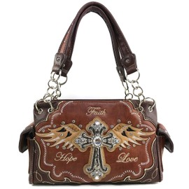 Justin West Women's Concealed Carry Angel Wings Cross Faith Hope Love Western Handbag Tote Purse (Brown Handbag Wallet Set)