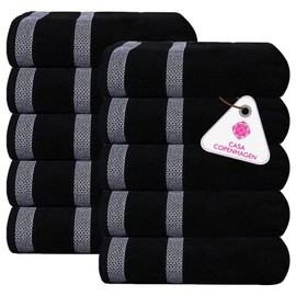 CASA COPENHAGEN, Solitaire 10 Pieces Hand Towel Set- Jet Black, 600 GSM, 16x28 Inches, Designed in Denmark Super Soft Egyptian Cotton Towels for Bathroom & Kitchen