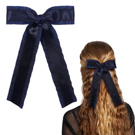 Big Silky Satin Hair Bows Hair Clip Navy Blue Ruffle Ribbon Ponytail Holder Decor Accessories with Long Tail Slides Metal Clips Hair Bow for Women Girls Toddlers Teens Kids 5.5 Inch