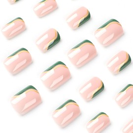 Extra Short Press on Nails Green and Gold Fake Nails Square Nails Press ons with Swirls Designs Reusable Acrylic Nails Glossy Full Cover Artificial Stick on Nails for Women Manicure 24 Pcs