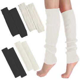 AYNKH 4 Pairs Knit Leg Warmers,Chunky Cable Rib Knit Leg Warmers Japanese Style Winter Boot Socks,Solid Striped Legwarmers for Women Girls Black White