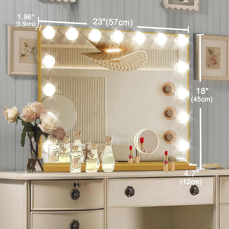 Ratsamee Gold Hollywood Vanity Mirror with Lights, 15 Dimmable Bulbs,