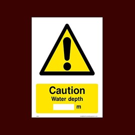 Caution Water Depth M Plastic Sign with 4 Pre-Drilled Holes (WS35) - No Swimming, No Diving, No Sailing, Deep Water, Eating & Drinking, Slippery